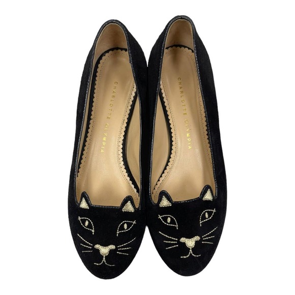 Charlotte Olympia Shoes - Charlotte Olympia Kitty Embroidered Flats Size 38 EU Black
